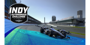 Dallara rendering of autonomous race car in Turn One of Indianapolis Motor Speedway